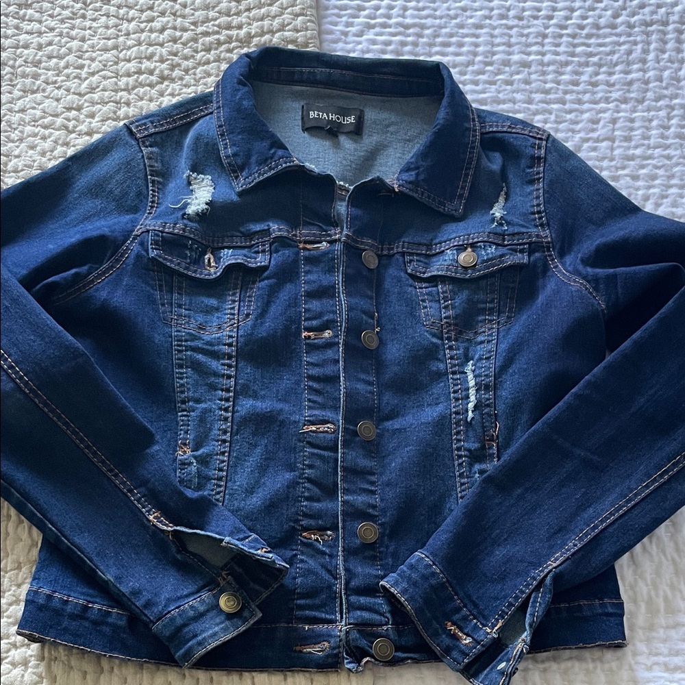 Denim Jacket - Classic Blue Distressed Stretch Jean Jacket Size L